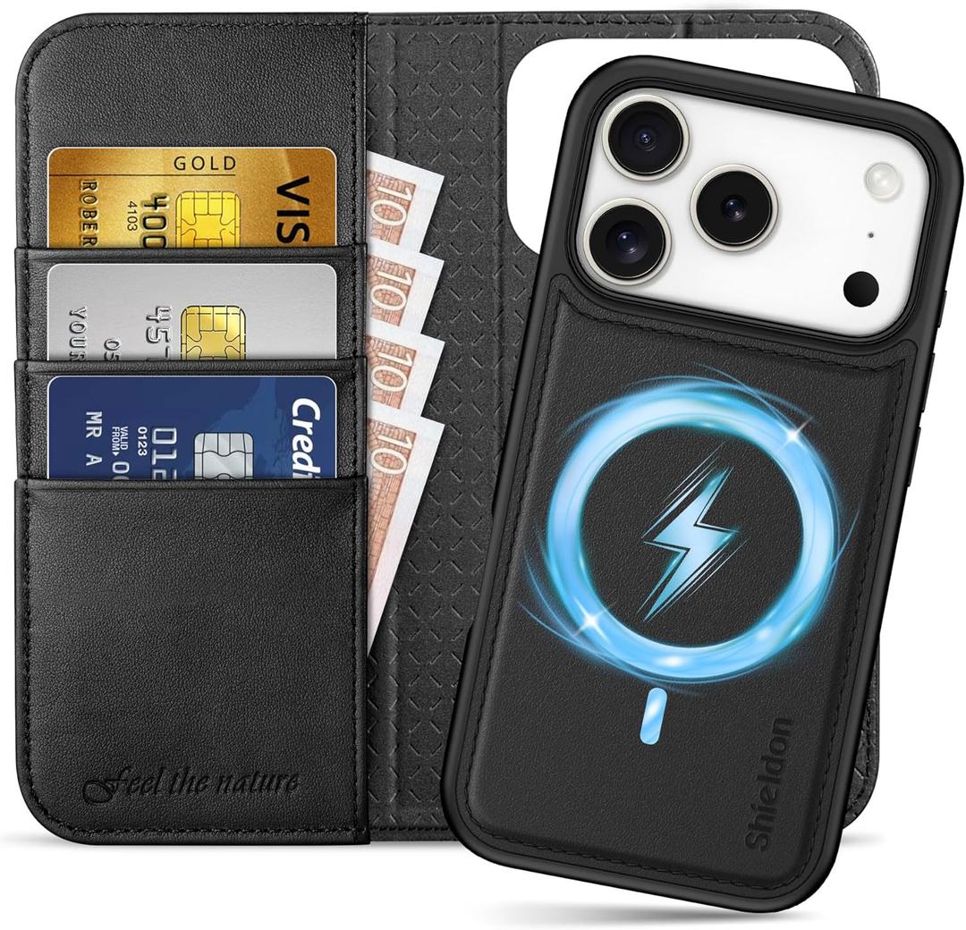 SHIELDON 2-in-1 Wallet Case for iPhone 17 Pro 6.3-inch 2025 | Genuine Leather, Detachable, Wireless Charging, Folio Magnetic, Kickstand, RFID Blocking Credit Card Holder, Shockproof Cover - Black