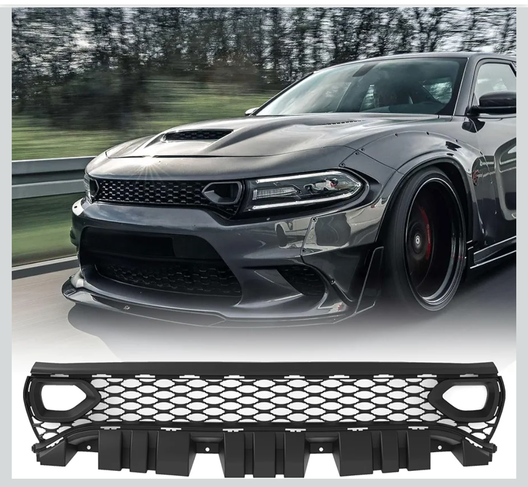 Front Upper Grille Assembly Compatible With 2015-2023 Dodge Charger SRT Pursuit R/T SE GT Scat Pack Daytona Replacement for 68417502AA Mesh Grill W/ 2 Side Bezels