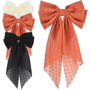 3 Pcs Large Lace Hair Bows for Women Girls Brown Beige Black Swiss Dot Bows Hair Clips with Long Tail Cute Hair Barrette Accessories for Valentine's Day Hair Decor Gifts