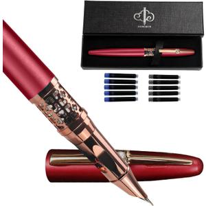 YUNCHUN Refillable Fountain Pen Fine Nib, Fancy Ink Pen with 5 Black & 5 Blue Ink Refills Cartridges, Cool Ink Pens for Writing, Business Metal, Best Gift Set for Men & Women, Red