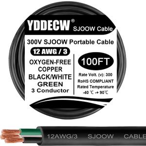 100ft 12/3 12 AWG Portable Power Cable - SJOOW 300V 12 Gauge Electric Wire for Motor Leads, Portable Lights, Battery Chargers and Machinery - 3 Conductor - 100 Feet Electrical Cord