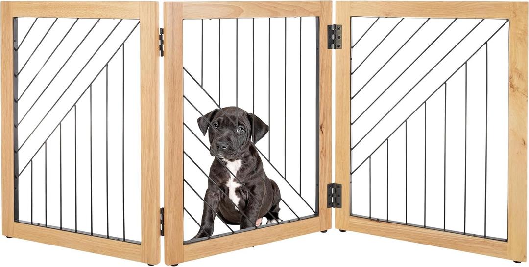 Pet Gate - 3-Panel Indoor Folding Dog Gate for Stairs or Doorways - 54x24-Inch Freestanding Pet Fence for Cats and Dogs by PETMAKER (Natural)
