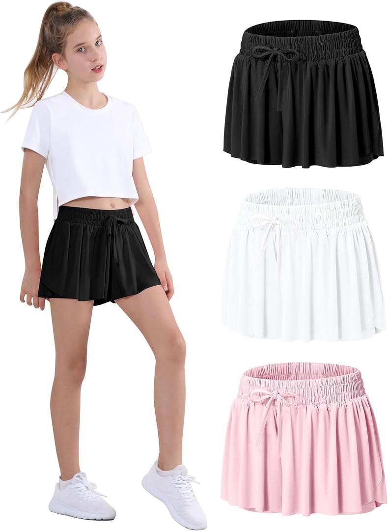 EXARUS Girls Butterfly Shorts Athletic Dance Flowy Skorts Teen Cheer Skirt Tween Clothes Youth Preppy Outfit Kids 6-14Y