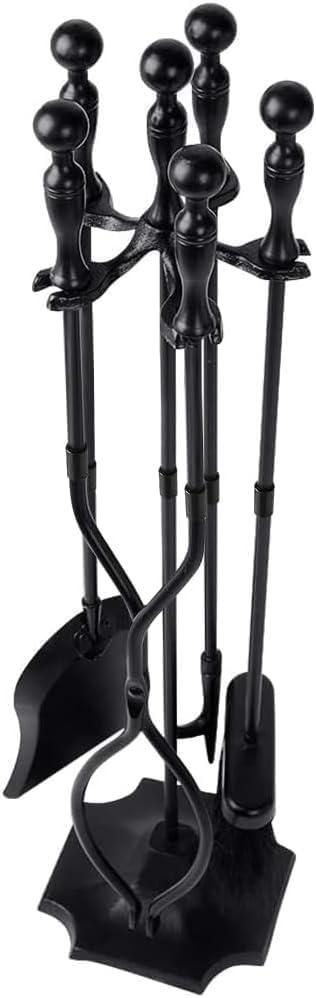 AMAGABELI Garden & Home Fireplace Tools Sets 5 Pcs Wrought Iron Fire Kit Set for Indoor Fireplace Outdoor Fire, Fireside Accessories with Poker,Tong, Shovel, Broom, Fireplace Tool Stand(Black) (32 inch)
