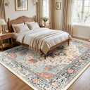 RELEANY Vacuum-Friendly Area Rugs 8'x10' Machine Washable, Non-Slip, Floral Vintage Distress Print Pattern Medallion Carpet for Living Room Bedroom Beige Navy Blue Orange Colorful