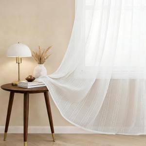 AELS Creamy White Semi Sheer Curtains 52 x 84 Inches Long 2 Panels, White Striped Window Curtains for Living Room Bedroom, Boho Light Filtering Textured Voile Sheer Curtain, Layered Stripes