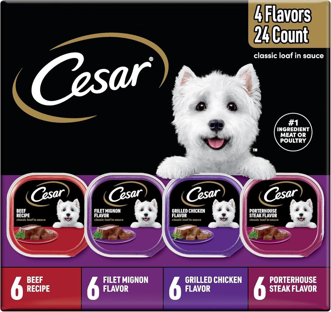 Cesar Wet Dog Food Classic Loaf in Sauce, Breakfast and Dinner with Grilled Steak & Eggs Flavor, and Chicken & Liver Flavor, 3.5 oz. Easy Peel Trays, Variety Pack, 24 Count