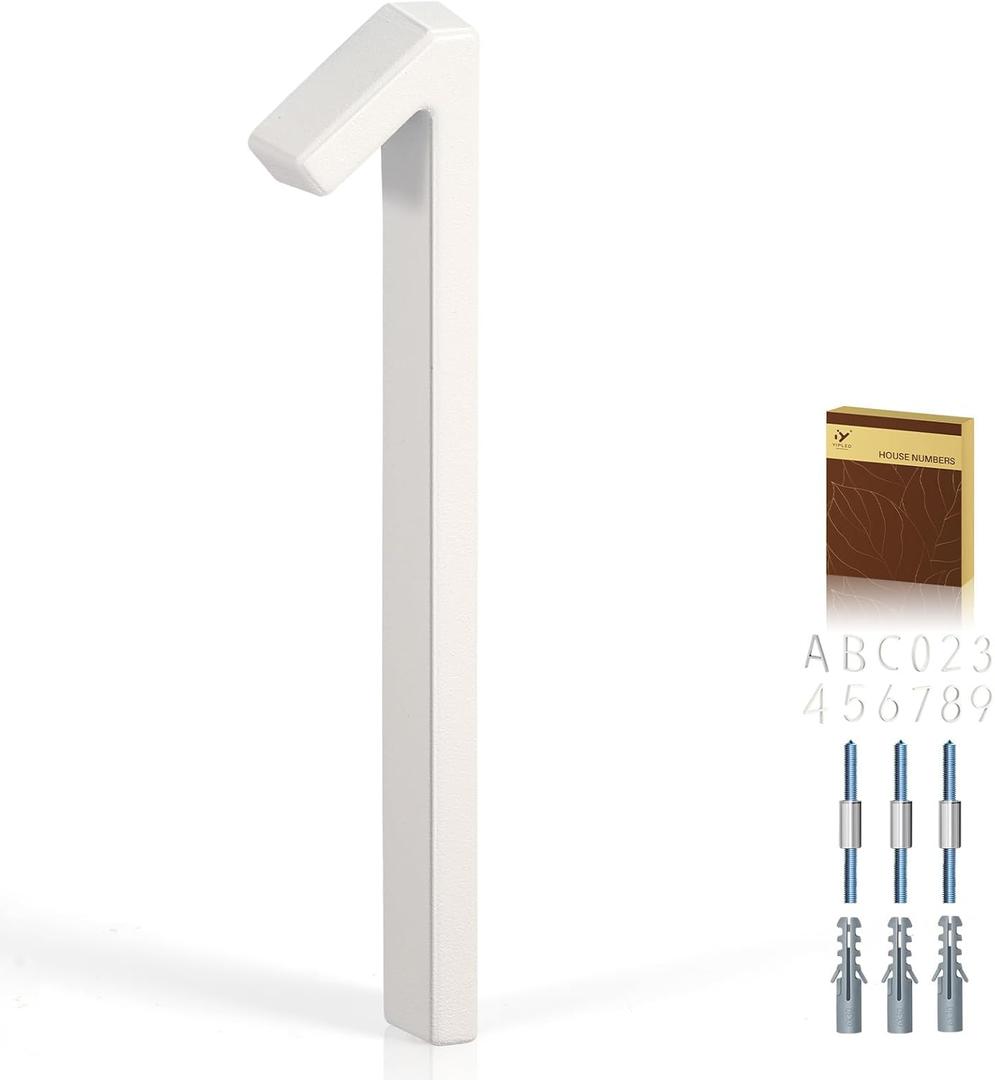 5 Inch House Numbers for Outside, Metal Address Number 1- Modern Design, Weather-Resistant White Crystal Powder Coated Finish, Stain Resistant, No Paint Peeling (White)