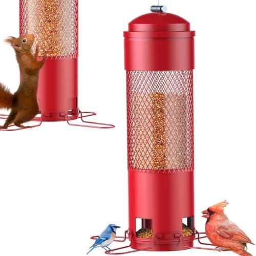 LCSEVEN Bird Feeders for Outdoors Squirrel Proof with Weight-Activated Perches, Hanging Bird Feeder for Outside, Metal Feeder for Wild Birds, Finch, Blue Jay, Chickadee, 3LB Seed Capacity, Red