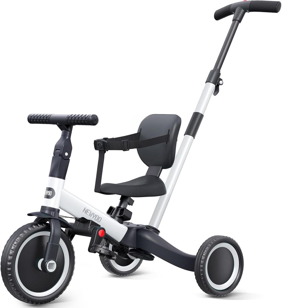 Newyoo Toddler Bike, 4 in 1 Tricycles for 1,2,3 Year Olds, Balance Bike, Birthday Gift and Toy for Boys and Girls, Kids Tricycle with Parent Steering Push Handle, Removable Pedals, White, TR007