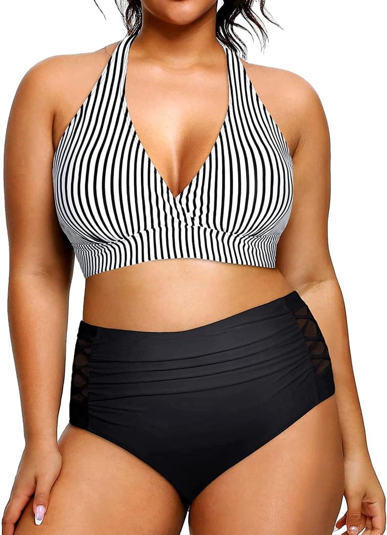 Yonique Womens Two Piece Plus Size Halter Bikini Swimsuits Tummy Control Bathing Suits High Waisted Swimwear (20 Plus, Black and Stripe)