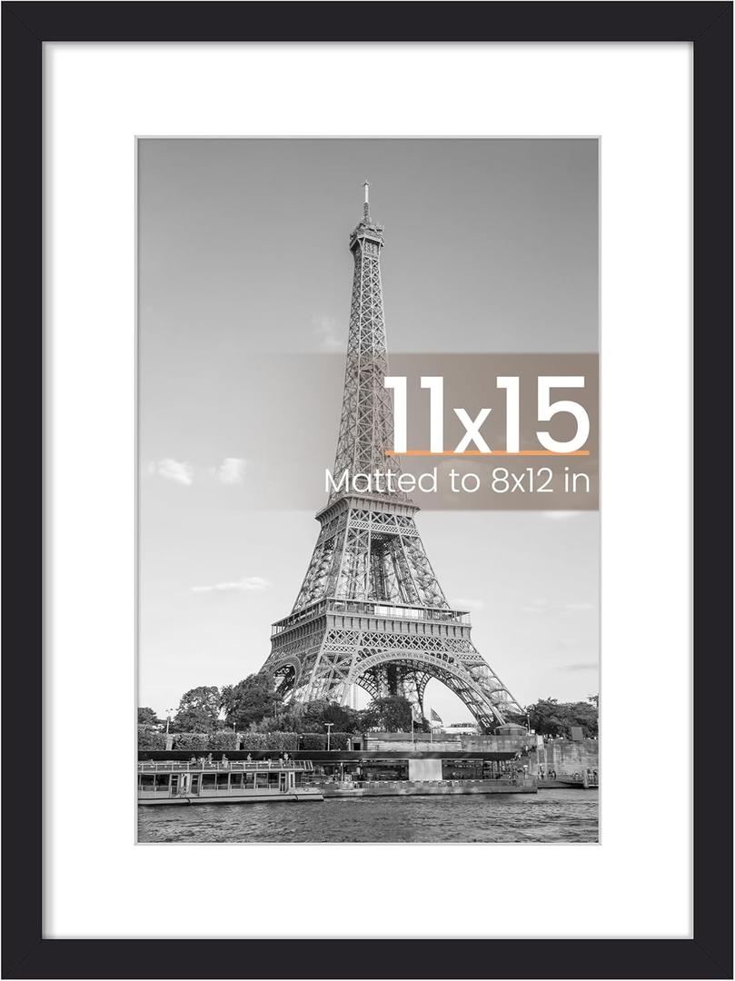 upsimples 11x15 Picture Frame, Display Pictures 8x12 with Mat or 11x15 Without, Wall Hanging Photo Frame, Black, 1 Pack