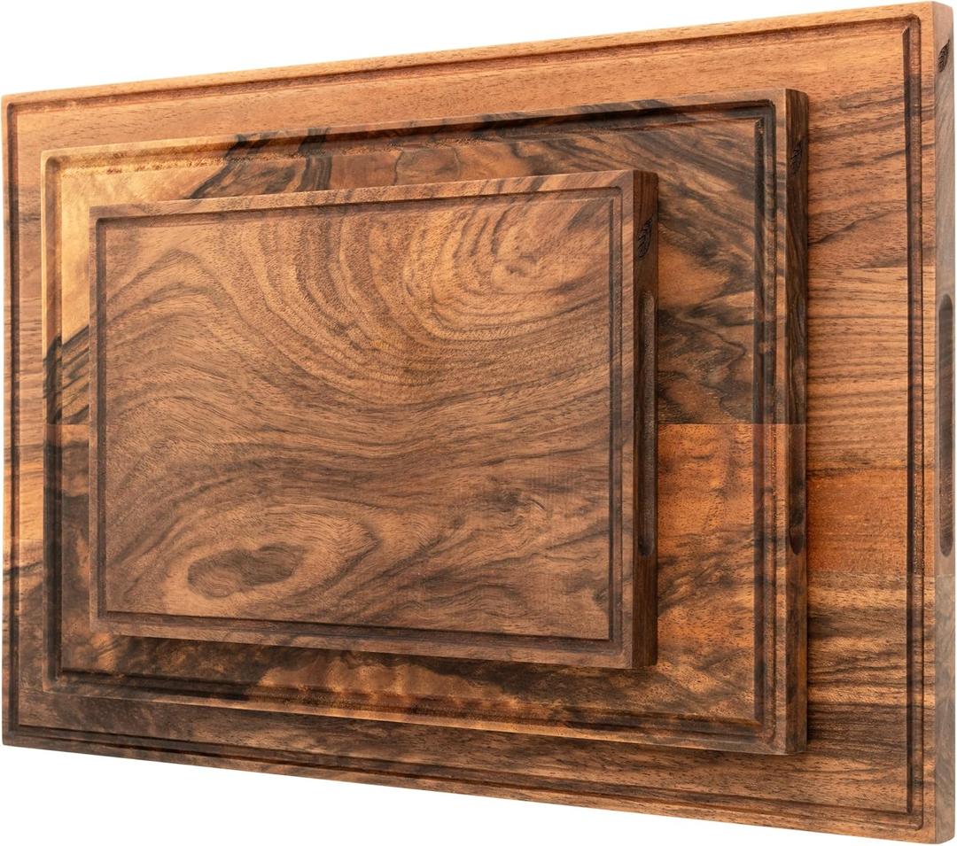 Walnut Wood Cutting Boards Set Non Toxic, Solid Wood Cutting Board with Juice Groove - Wooden Charcuterie Boards for Serving Food - Wooden Chopping Board Set Premium Dark Hardwood Wedding Gifts