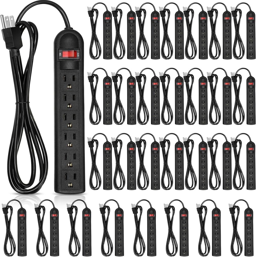 Kanayu 30 Pcs 6 Outlet Power Strip Surge Protector Long 6ft Extension Cord with Multiple Flat Plug Rectangular Electrical Equipment for Home Office(Black)