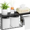 VITVITI Toilet Paper Holder with Shelf, Wall Mounted Toilet Paper Storage Basket, Wood Metal Toilet Roll and Wipes Holder for Bathroom Farmhouse (Black)