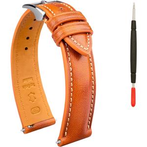 Quick Release Leather Watch Band, Two Tone Oil-tanned Top Grain Leather Watch Straps 18mm 20mm 21mm 22mm Replacement Watch Belt for Men Women (Cognac / Silver Buckle)