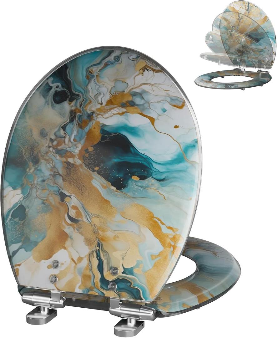 Angol Shiold Marble Elongated Resin Toilet Seat Soft Close Quick Release Metal Zinc Alloy Hinge Easy to Install also Easy to Clean, Decorative Acrylic Seats (17 Inch, Modern Green Marble Art Print)