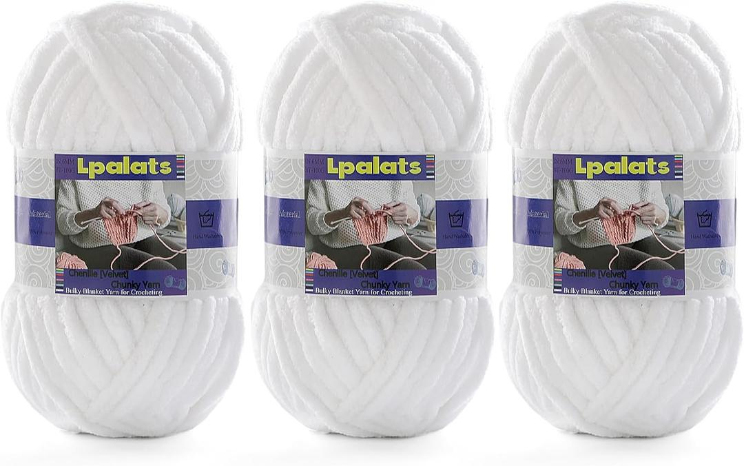 Chunky Chenille Yarn for Crocheting - 3 Pack of 100g/3.5oz - #6 Super Bulky - Polyester - Baby Blanket Yarn for Crochet Amigurumi Blankets (3, Pure White)