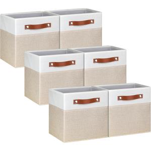 11 Inch Cube Storage Bin - 6 Pack - Linen Fabric 11x11 Cube Storage Bins for Bedroom, Living Room, Clothes and Toys; Foldable, Dual Leather Handles