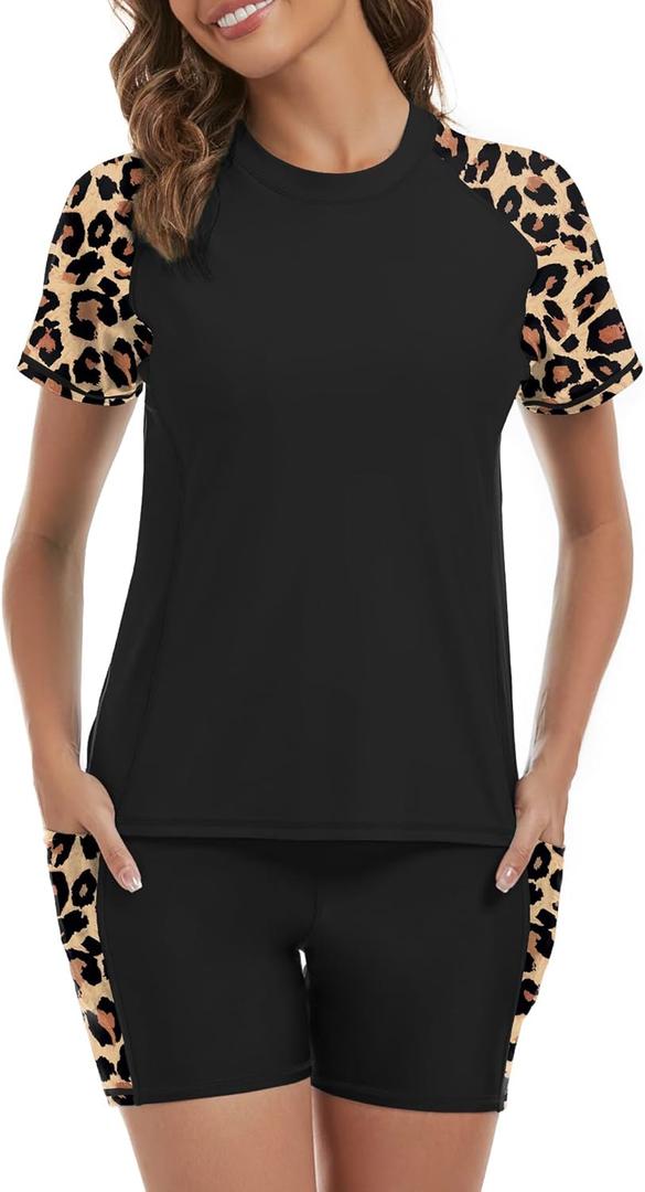 Tournesol Women's Rash Guard 2 Piece Short Sleeve Swim Shirt with Shorts Swimsuit with Bra Bathing Suit Plus Size with Pocket (X-Large, Pocket & Leopard Print)