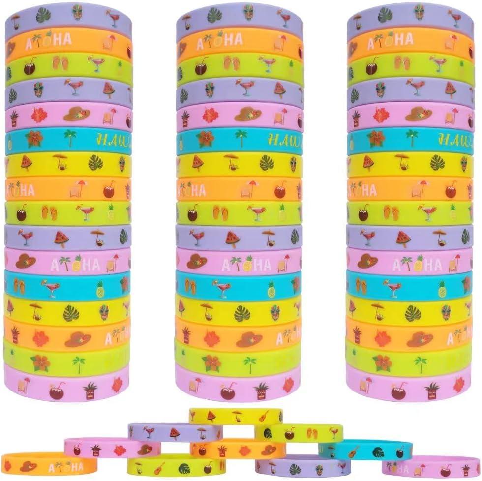 60pcs Hawaiian Luau Party Bracelets Party Favors Aloha Tropical Birthday Summer Beach Pool Party Decoration Supplies Silicone Wristbands Goodie Bags Stuffers Fillers