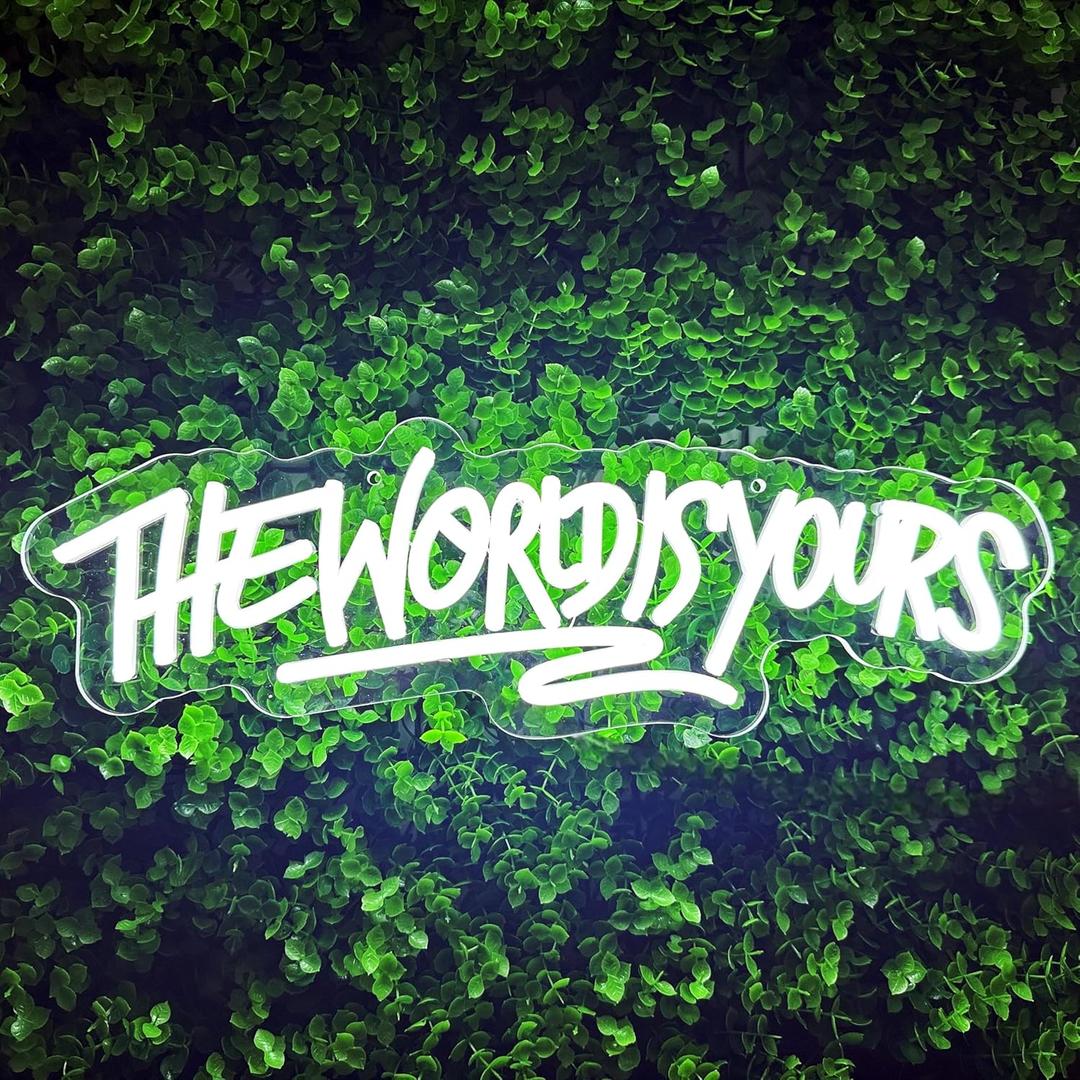 The World Is Yours Neon Sign for Wall Decor USB Power Dimmable LED Light Signs for Bedroom Game Room Mens Cave Beer Bar Wedding Birthday Empowering Party Letters Neon Light Up Sign For Office Graduation Birthday Gift for Women Man Teens