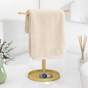 STWWO Hand Towel Holder, Stainless Steel Towel Holder Stand for Bathroom, Kitchen Countertop, T-Shaped Hand Towel Rack Stand, Gold