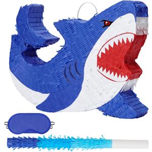 WERNNSAI Shark Piata - Ocean Shark Birthday Party Decorations Kids Boys Pinata with Blindfold and Bat for Under the Sea Party Supplies Baby Shower Birthday Game Set
