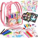 D-FantiX Unicorn Art Supplies Clear Backpack for Toddler, 51Pcs DIY Coloring Craft Kits with Scratch Art Paper and Stickers, Road Trip Activities for Kids, Creative Birthday Gift for Girls