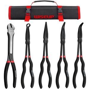 WISEUP 5Pcs Long Needle Nose Pliers Set Premium Carbon Steel11" Long Reach Straight 45 Bent Nose 90 Bent Nose PlierDiagonal Pliers for Narrow Spaces