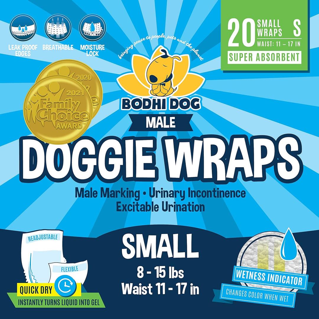 Bodhi Dog Disposable Male Dog Diapers - Super Absorbent, Leak-Proof Pee Wraps - Adjustable Fit, Comfortable Design, Advanced Moisture Control, and Wetness Indicator - Small (20 Count)