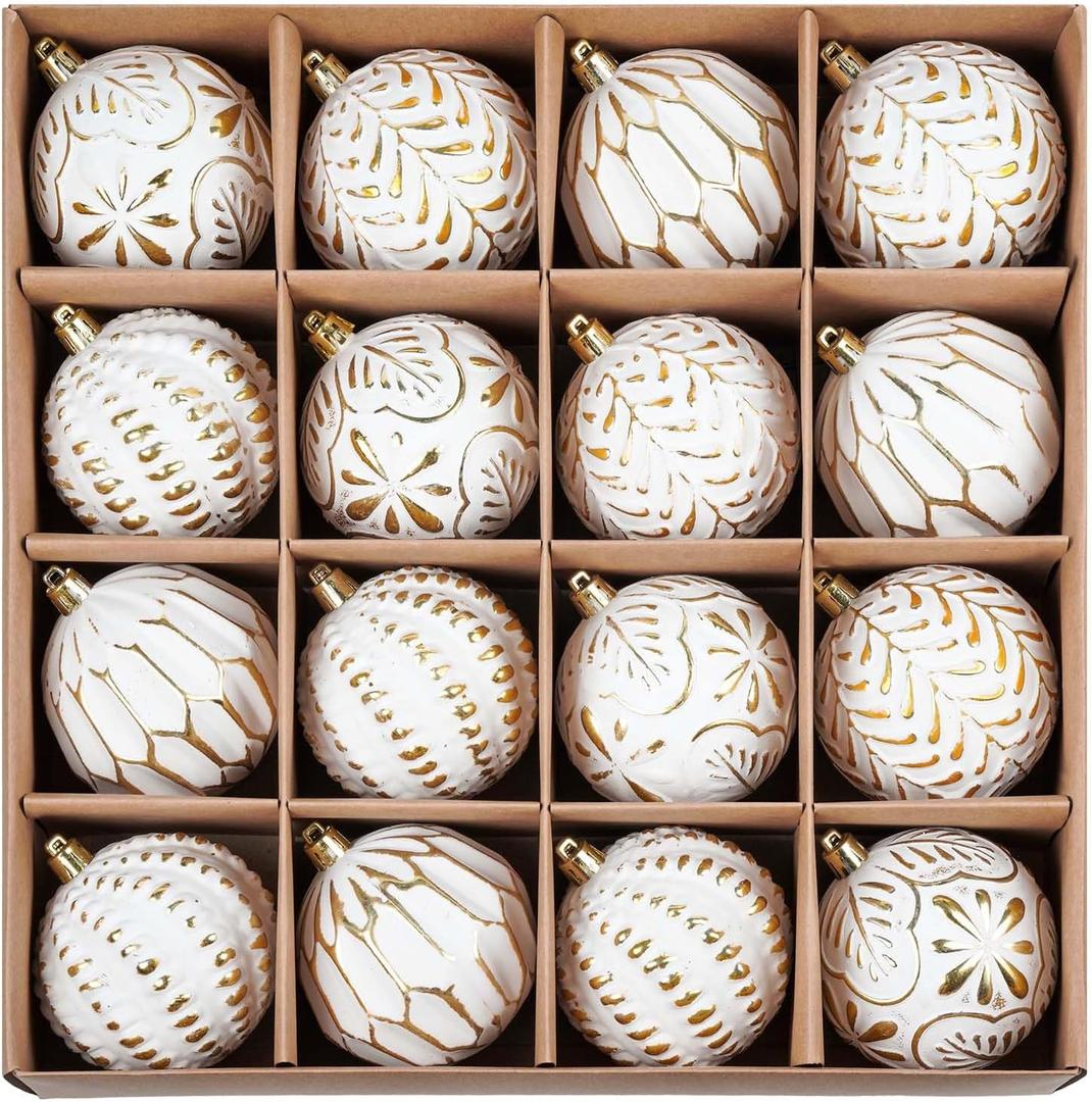 Christmas Ball Ornaments Set, 16ct 80mm Elegant White and Gold Assorted Xmas Tree Ball Ornaments, Shatterproof Christmas Tree Hanging Ornaments for Xmas Decoration