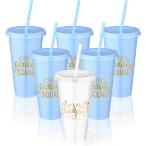 Birthday Party Tumblers 24 oz Squad Plastic Tumblers with Lid and Straw for 20th 30th 40th 50th 60th Birthday Decorations Favor for Women Adults(White, Blue,6 Pcs)