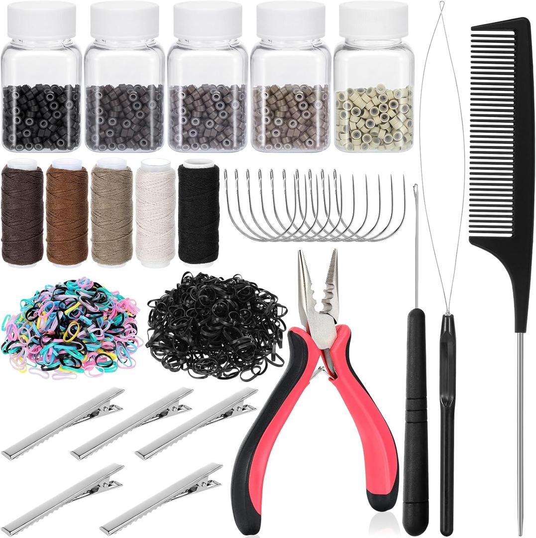 Hair Extension Tools Kit, 2500 Silicone Lined Micro Rings, 1 Plier, 1 Comb, 1 Threader, 1 Crochet Hook, 10 Curved Hair Needle, 5 Metal Hair Clips, 5 Rolls Sewing Threads, 1000 Mini Rubber Bands