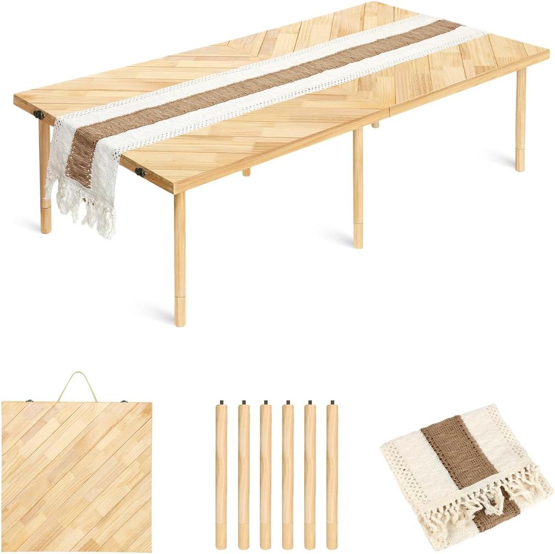 Milostelom Folding Picnic Table 44x22in, Solid Wood Portable Low Floor, Mortise & Tenon Joints, Adjustable Height, Boho for Beach Camping Garden Party, Runner Included, Seats 4-6