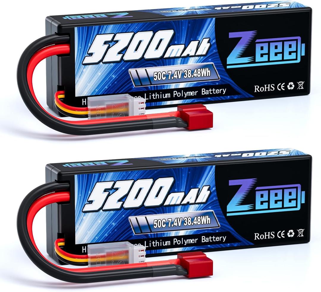 Zeee 7.4V Lipo Battery 2S 50C 5200mAh Lipos Hard Case with T Connector for RC Car Trucks 1/8 1/10 RC Vehicles(2 Packs)
