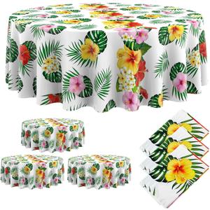 Oudain 3 Pcs Hawaiian Tablecloth 84 Inch Tropical Palm Leaves Flower Round Table Cloth Plastic Disposable Floral Circular Luau Tablecloth Waterproof Summer Table Cover for Beach Camping Picnic Party (White)