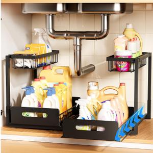 Under Sink Organizer, Metal Pull Out Cabinet Organizer Shelf, Kitchen Bathroom Organizers with Sliding Drawer, Storage Shelves, Storage and organization for Home, Laundry, RV, Pantry, Spice, Black, 2 Pack
