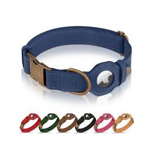 AirTag Dog Collar - Genuine Leather Dog Collar with Apple AirTag Holder and Metal Buckle - Smart GPS Tracking Pet Collars for Small Medium Large Dogs Puppy (Smoky Blue, M, 14-18 Neck Fit)
