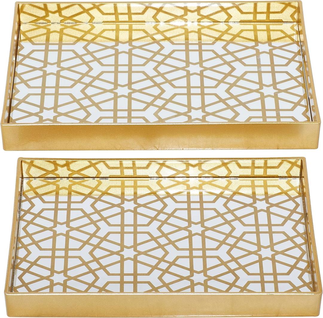 CosmoLiving by Cosmopolitan Plastic Geometric Mirrored Tray, Set of 2 16", 12"W, Gold
