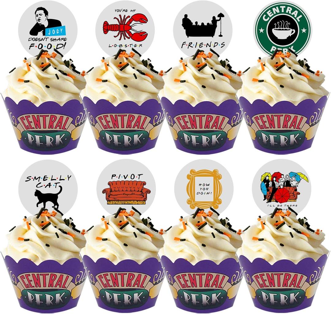 64 PCS Cupcake Toppers and Wrappers for Friends TV Show Themed Set (32 of each), Cute Party Supplies for Friends Themed Birthday Party or Bridal Shower Decoration
