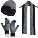 Winter Hats Scarf Set for Men Touchscreen Gloves Warm Knit Beanie Hat Scarves with Fleece Lined Cap (White/Black)