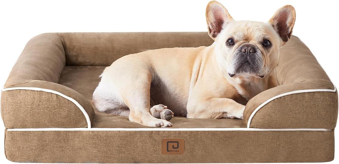 EHEYCIGA Orthopedic Dog Bed for Medium Dogs, Waterproof Memory Foam Medium Dog Beds with Sides, Non-Slip Bottom and Egg-Crate Foam Pet Couch Bed with Washable Removable Cover, Camel (30.0"L x 20.0"W x 6.5"Th)