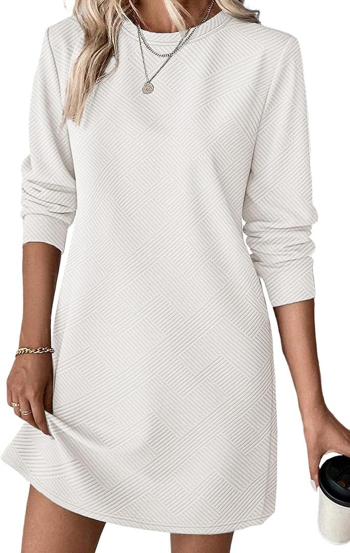 BLENCOT Womens Casual Pullover Sweatshirt Dress Crewneck Long Sleeve Trendy Fall Textured Solid Mini Dresses with Pockets (M)