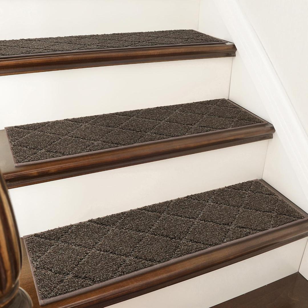 COSY HOMEER Edging Stair Treads Non-Slip Carpet Mat 28inX9in Indoor Stair Runners for Wooden Steps, Edging Stair Rugs for Kids and Dogs, 100% Polyester TPE Backing (15pc, Brown)