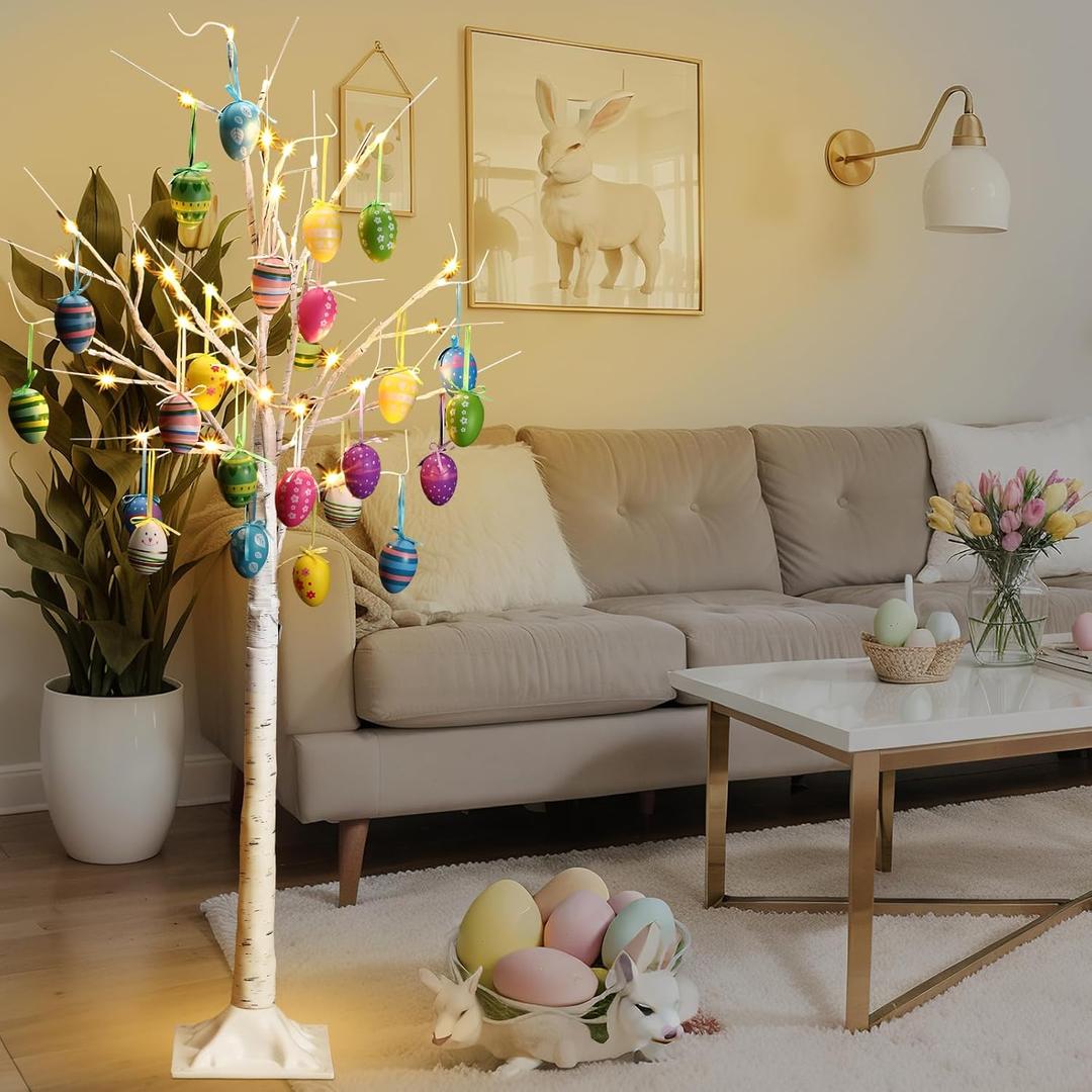 Aurelema 4 ft Easter White Birch Tree with 48 LED Lights, USB Powered Timer, 24 Hanging Easter Egg Ornaments, Tabletop Artificial Tree for Indoor Outdoor Spring Home Decor(Cute)