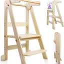 Foldable Toddler Kitchen Tower Step Stool, Standing Tower with Whiteboard, Toddler Kitchen Stool Helper with 3 Adjustable Height, Step Stool for Kids 1-6 Years, Natural