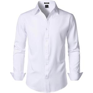 JEMITOP Men's Stretch Wrinkle-Free Soft Slim Fit Dress Shirts Long Sleeve Formal Wedding Business Casual Button Down Shirt (Medium, White)