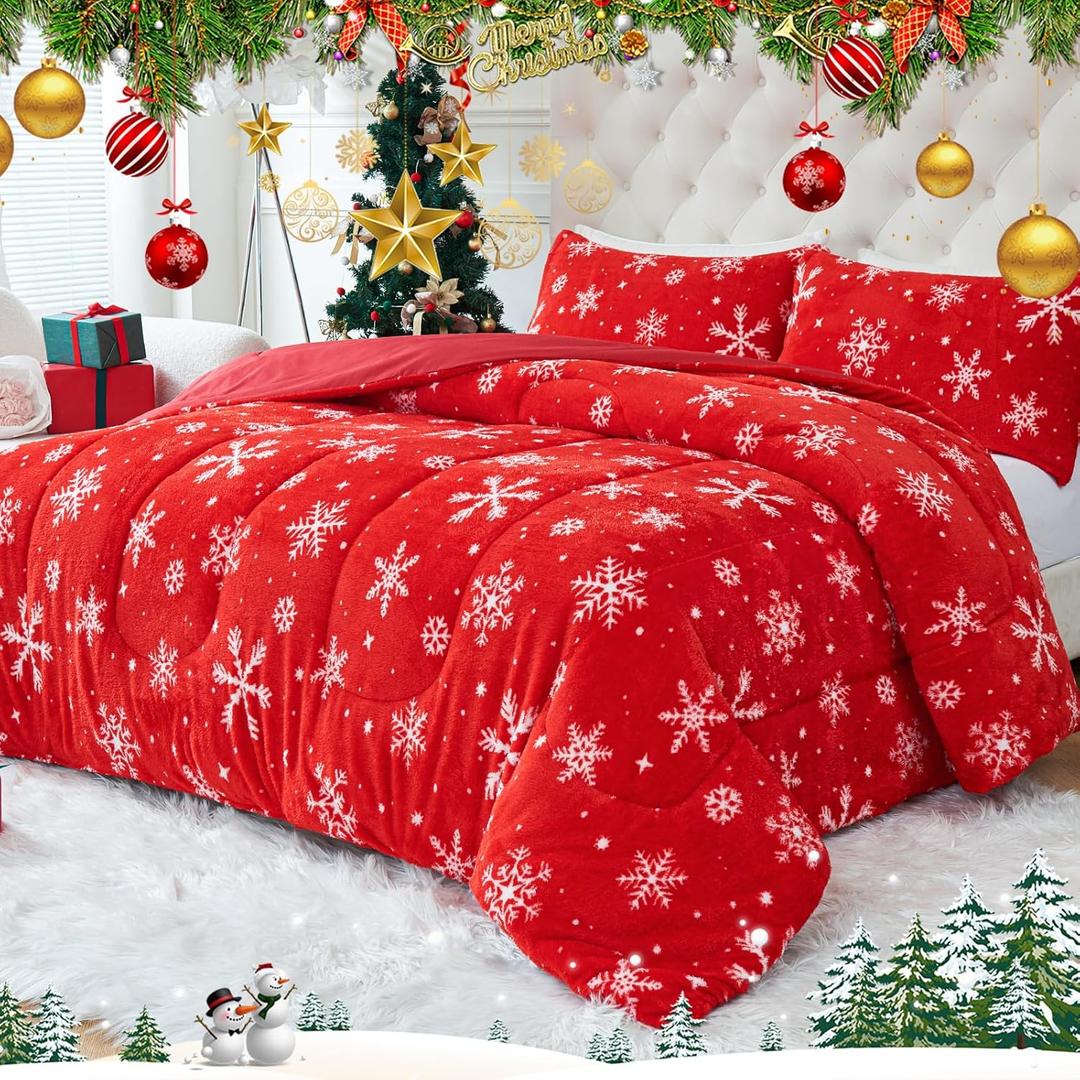 YIYEA ChristmasFaux Fur Queen Size Comforter Set, Luxury Ultra Soft Fluffy Comforter, Plush Fuzzy Bedding Comforter Sets for Fall Winter, Cozy Warmth, No Shedding, 3PC, Queen