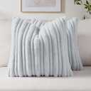 FUTEI Pack of 2 Faux Rabbit Fur Throw Pillow Covers 18x18 Inch Soft Fluffy Thick & Thin Striped Textured Decorative Cushion Case Modern Farmhouse Accent for Couch Bed Living Room, Light Blue